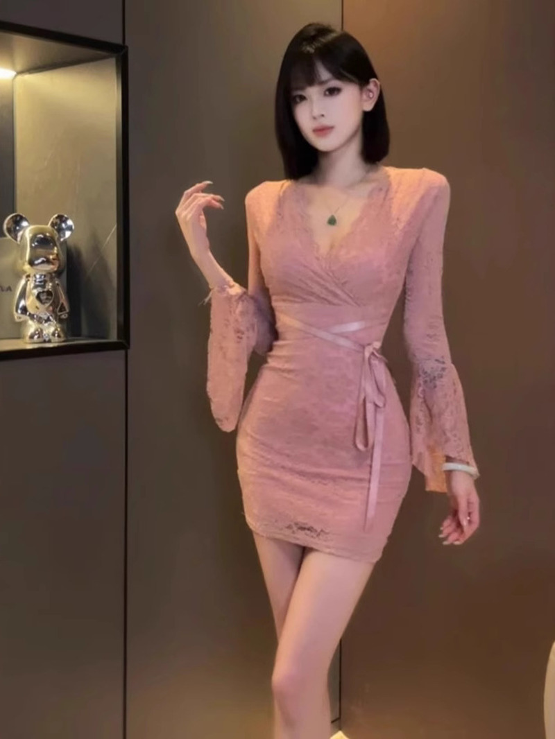Women Fashion Dress Names - 섹시한 레이스 벨 슬리브 드레스 여성