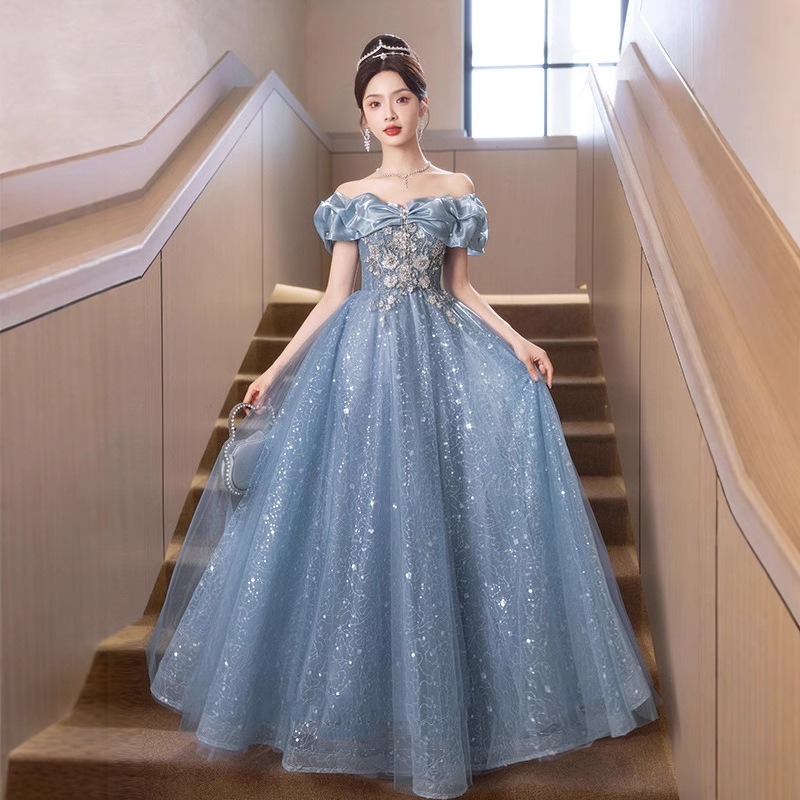 2026 여성용 신상 여름 원숄더 자수 블루 이브닝 드 - Women'S Fashion Middle Ages 리뷰 및 가격