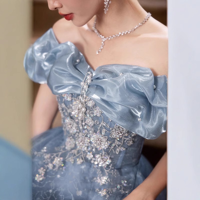 2026 여성용 신상 여름 원숄더 자수 블루 이브닝 드 - Women'S Fashion Middle Ages 리뷰 및 가격