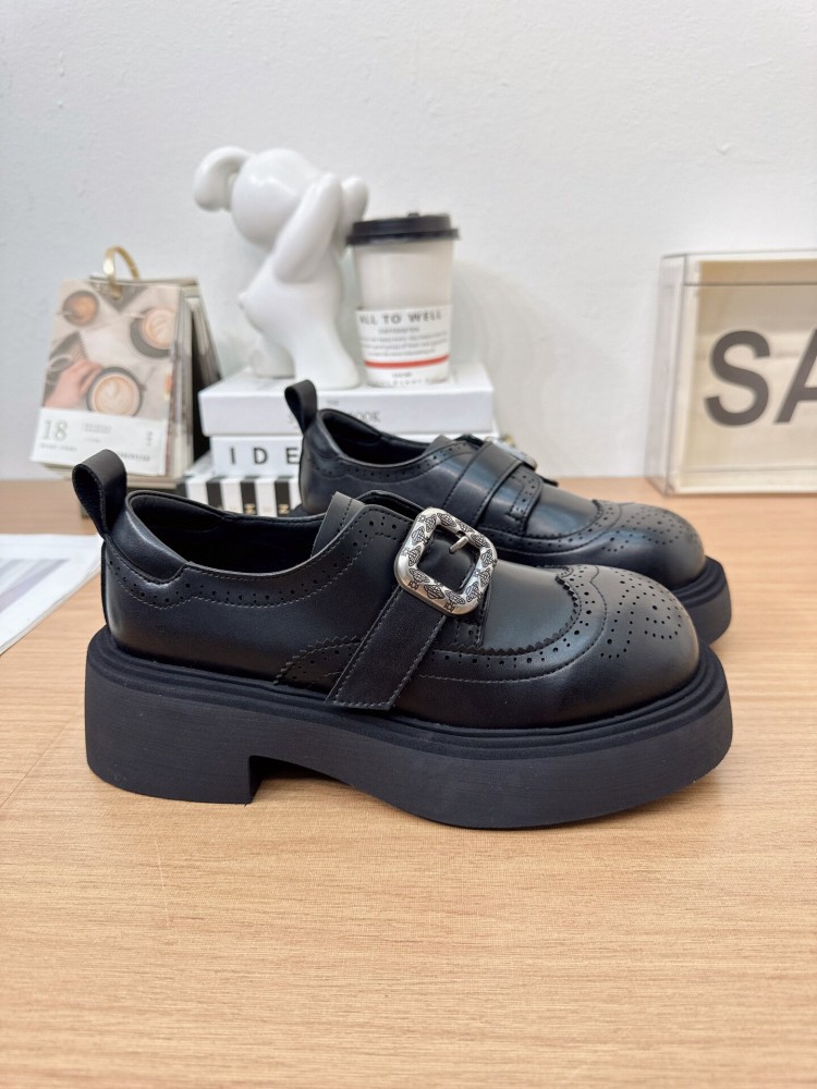 영국 스타일 솔리드 컬러 라운드 토 버클 정품 가죽 펌 - Sale Fashion Women 리뷰 및 가격