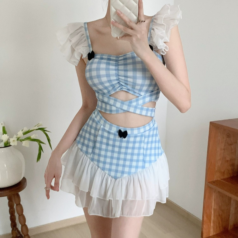 숙녀 슬리밍 홀터넥 수영복 귀여운 리본 매듭 레트로 하 - Women'S Fashion Middle Ages 리뷰 및 가격