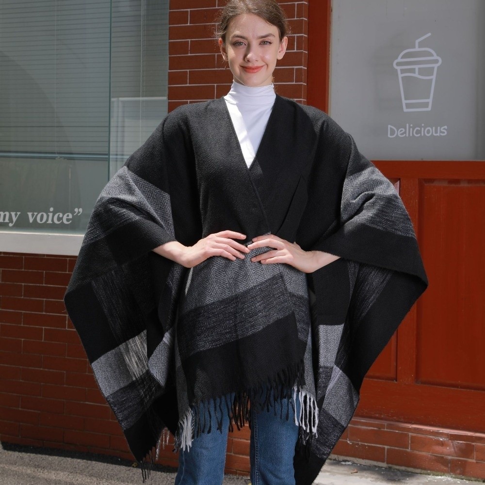 따뜻한 코트 체크 디자인 여행용 숄 오픈 프론트 솔리드 - Women'S Fashion Poncho 리뷰 및 가격