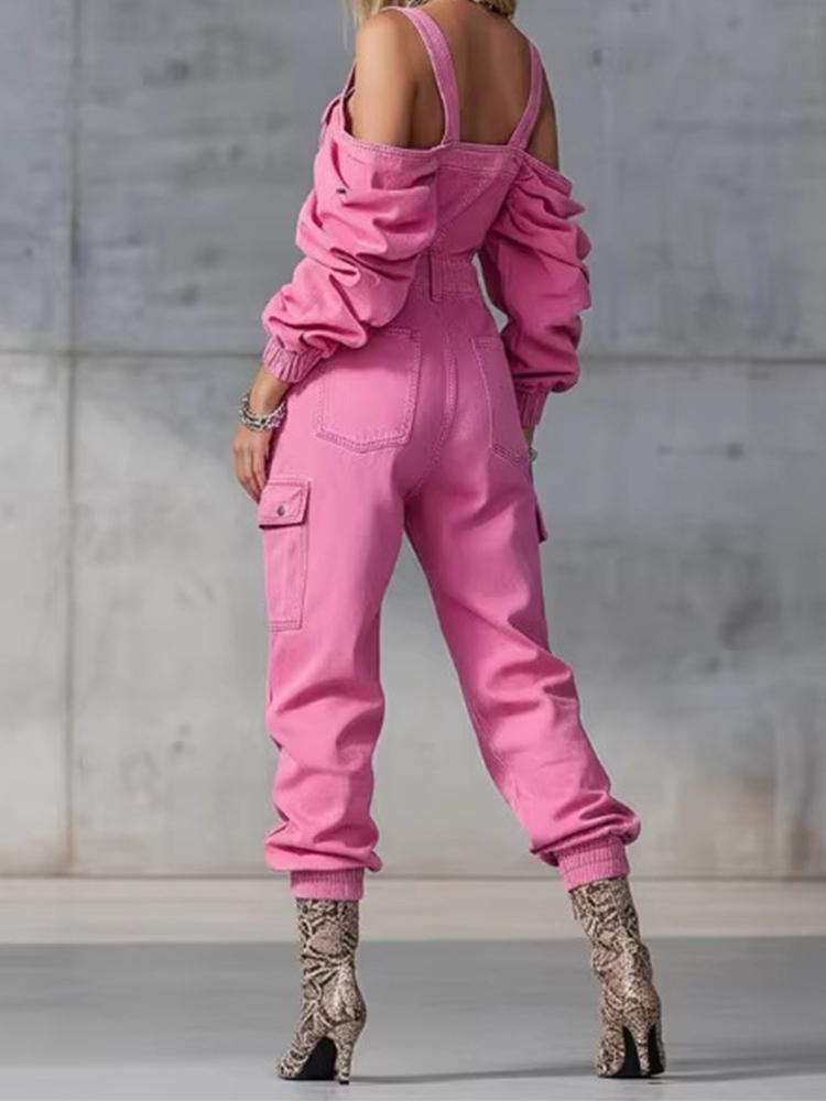 패션 빈티지 데님 점프수트 여성 솔리드 지퍼 오프숄더  - Women'S Fashion Vintage Off Shoulder Long Sleeve Jumpsuit 리뷰 및 가격